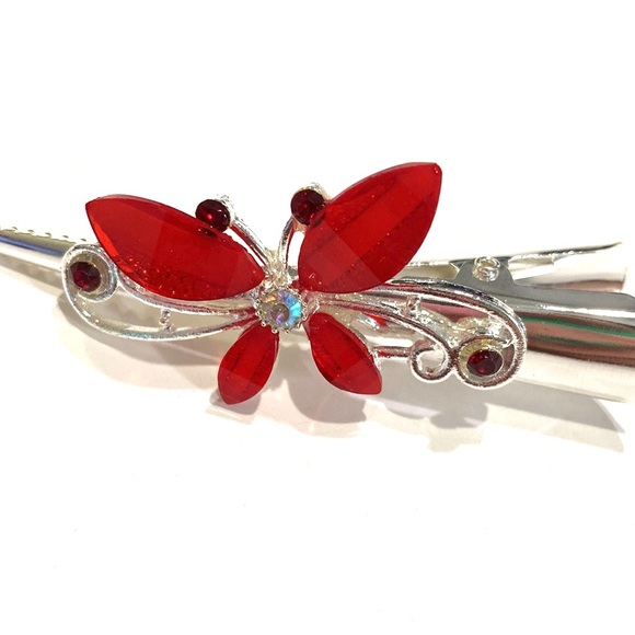 Updo Hair Clips Set of 2 Silver Tone Red Butterflies 3” - Picture 4 of 4